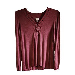 Cupio Womens Long Sleeve Burgundy Lace-Up Blouse Size XL